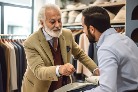 cropped shot of an unrecognizable man helping a customer at his clothing storeの素材