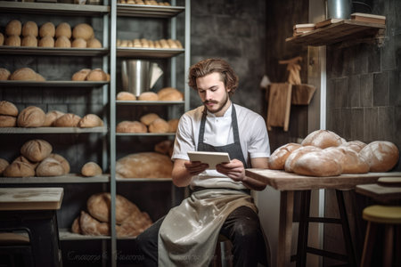 portrait of a young man using a digital tablet while working in his fatherè¢Âs bakeryの素材