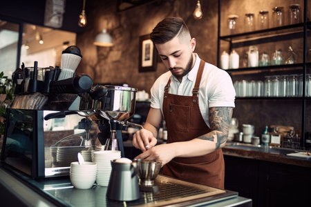shot of a young barista making coffee for customersの素材