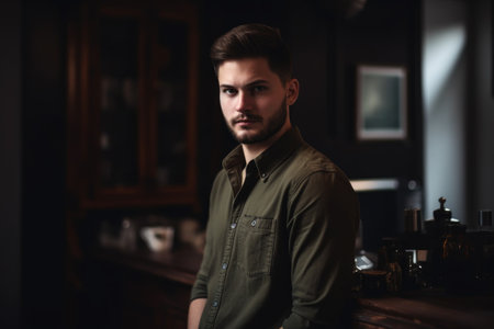 portrait of a handsome young man standing in his homeの素材