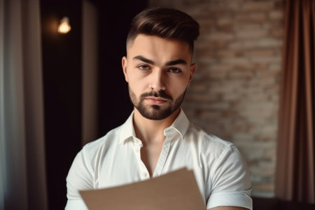 portrait of a handsome young man holding paperwork while standing in his homeの素材