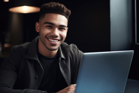cropped shot of a handsome young man smiling while using his laptopの素材
