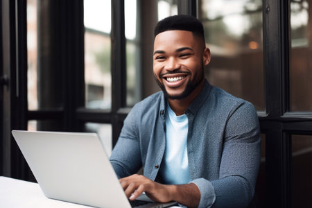 cropped shot of a handsome young man smiling while using his laptopの素材