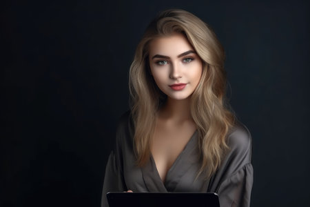 portrait of an attractive young woman holding a tabletの素材