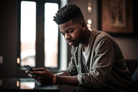 shot of a young man using his cellphone while sitting in front of a home computerの素材