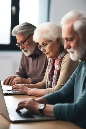 shot of a group of mature people using a laptop in classの素材