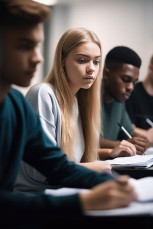 shot of a group of university students sitting in their classroom and taking notesの素材