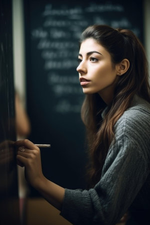 shot of a young woman writing on a chalkboard in class at universityの素材