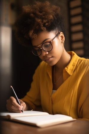 education, university and black woman writing in notebook at library for learning, student or researchの素材