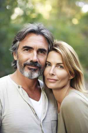 portrait of a handsome man and his wife enjoying nature in the outdoorsの素材