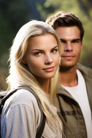 portrait of a confident young couple out on a nature hikeの素材
