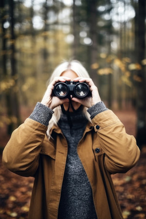 shot of an unrecognizable woman holding binoculars in a forestの素材