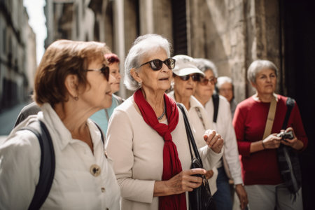 shot of a tour guide leading a group of senior women on an architectural walkの素材