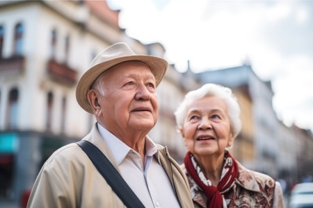 portrait of a happy senior couple enjoying a tour of the cityの素材