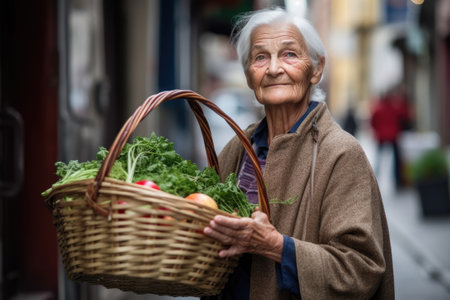 portrait of a confident senior woman carrying a basket of fresh produce in the cityの素材