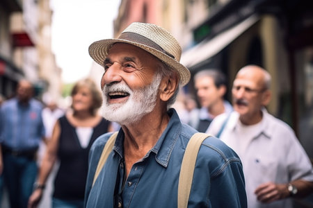 shot of a senior man enjoying his tour through the city with his groupの素材