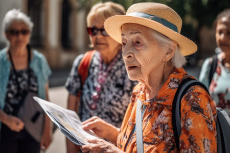 shot of a tour guide sharing her knowledge and providing information to her senior groupの素材
