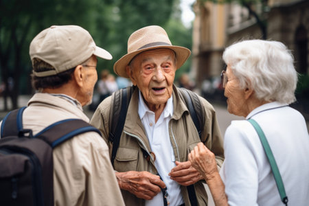 shot of a young tour guide talking to two of his seniors clientsの素材
