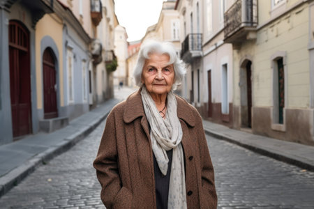portrait of a confident senior woman walking on an historical cobblestone pathの素材