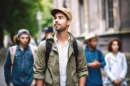 shot of a handsome young male tour guide standing outside with his groupの素材