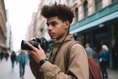 shot of a young man taking pictures and videos while walking through the cityの素材