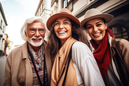 shot of a cheerful young woman showing two senior clients around on a historical tourの素材