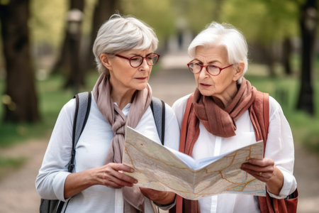 shot of two senior women standing outdoors with a map and looking confusedの素材