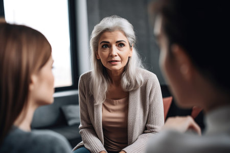 shot of a young woman talking to her senior clientsの素材