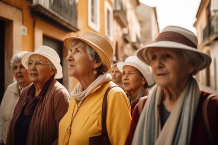 shot of a group of senior women on a guided tour through the historical townの素材