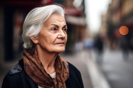 shot of a senior woman looking thoughtful while taking a walk through the cityの素材