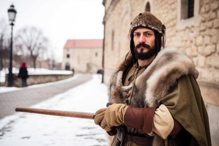 portrait of a historical reenactor posing with his sword in the historic city centerの素材