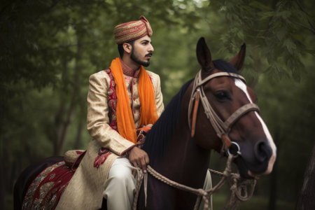 shot of a bridegroom sitting on his horseの素材
