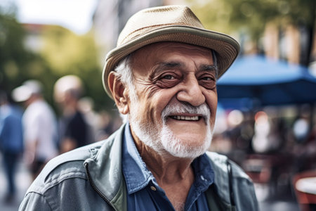 portrait of a senior man enjoying a day out in the city with friendsの素材