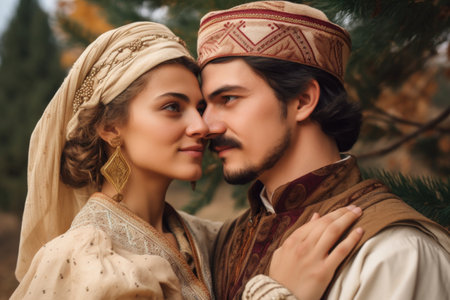 cropped shot of an affectionate couple dressed in historical costumesの素材