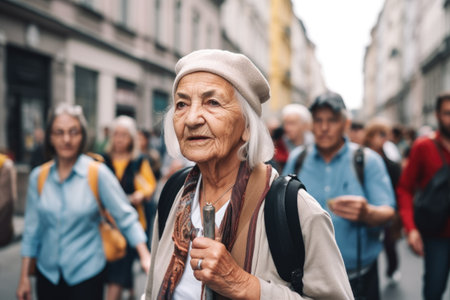 shot of a young tour guide leading her group of senior tourists through the cityの素材