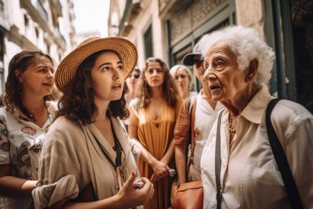shot of a young woman leading her group of senior tourists through an historical tourの素材