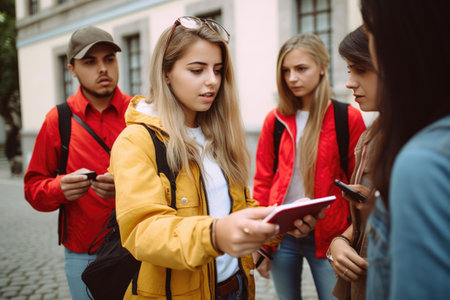 shot of a young tour guide showing the group something on her tablet outsideの素材