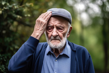 shot of a senior man holding his head in agony while out for a walkの素材