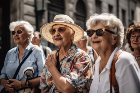 shot of a tour guide with her group of senior touristsの素材