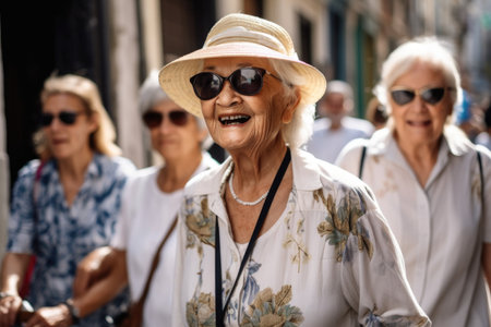 shot of a tour guide with her group of senior touristsの素材