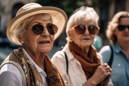 shot of a tour guide with her group of senior touristsの素材