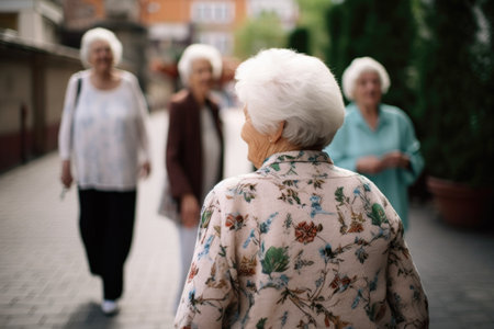 a senior woman walking away from the camera with her friends in the backgroundの素材