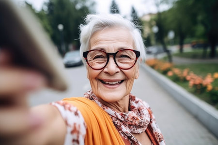 portrait of a happy senior woman posing for a selfie on the school campusの素材