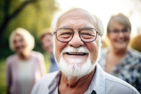 portrait of a senior man enjoying an outdoor day with friendsの素材