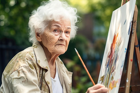 shot of a senior woman looking displeased while painting outdoorsの素材