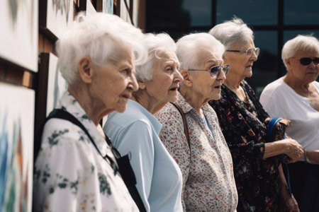 shot of a group of seniors looking at their artwork outsideの素材