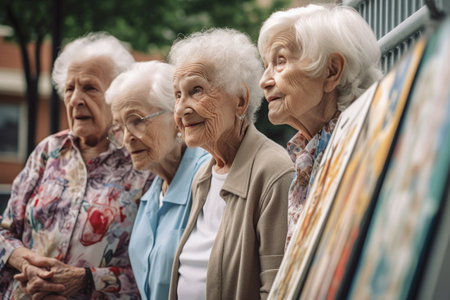 shot of a group of seniors looking at their artwork outsideの素材