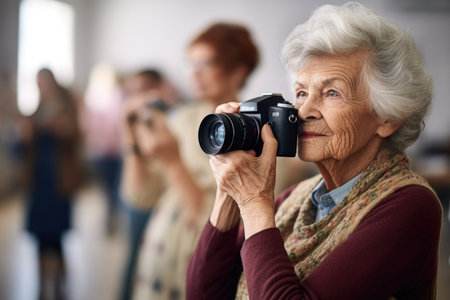 shot of a senior woman taking pictures during her art classの素材