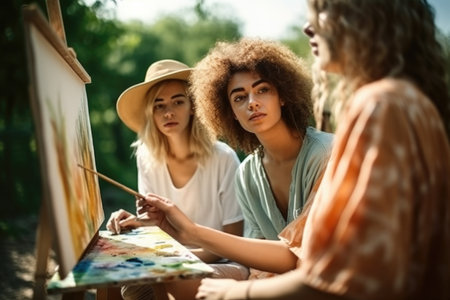 shot of three women friends painting outdoors togetherの素材