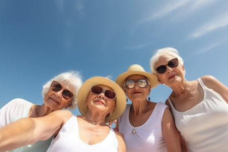 low angle shot of a group of senior women posing for a selfie on the beachの素材